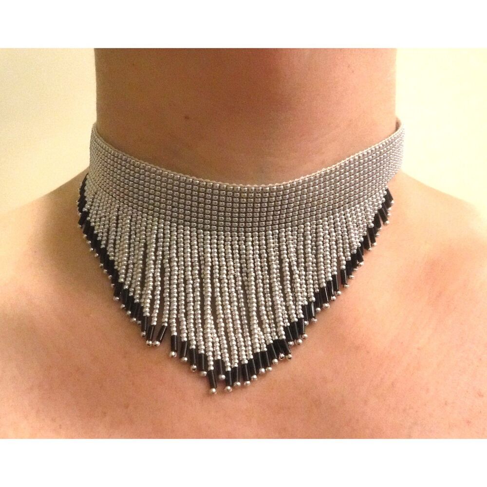 Loom Beaded Choker Necklace w/ Fringe Silver & Black
